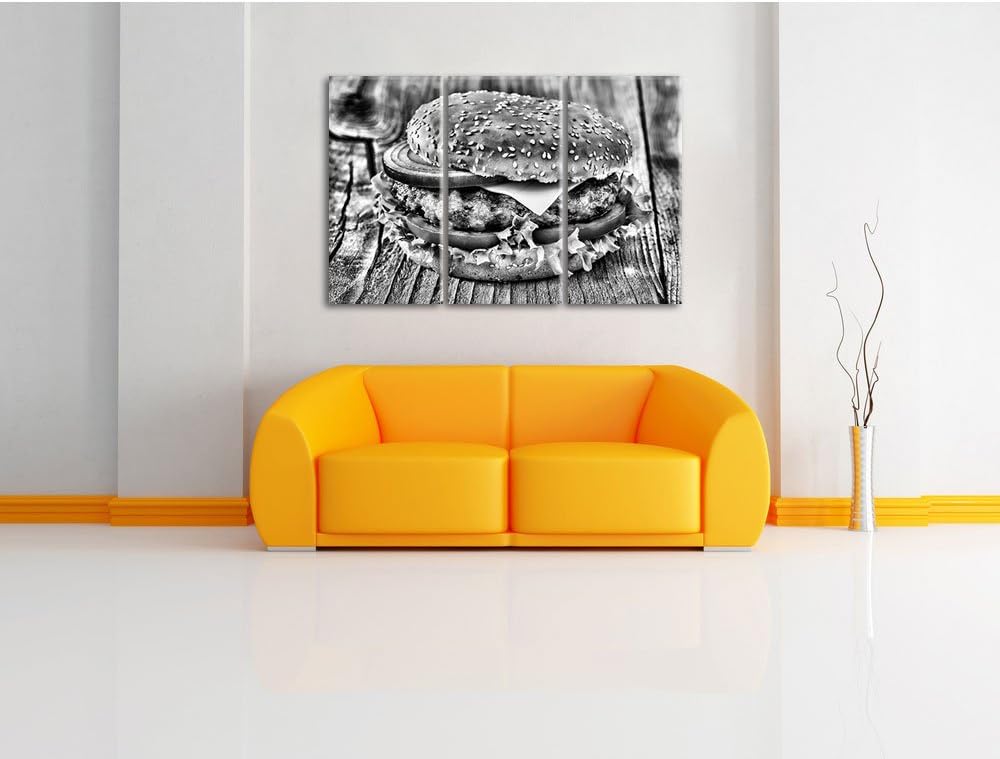 Pixxprint Monocrome, Leckerer Cheeseburger 3-Teiler Leinwandbild 120x80 Bild auf Leinwand