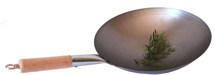 Wok Pfanne runder Boden Ø 30 cm, für Gas, mit Holzgriff auch zum Aufhängen