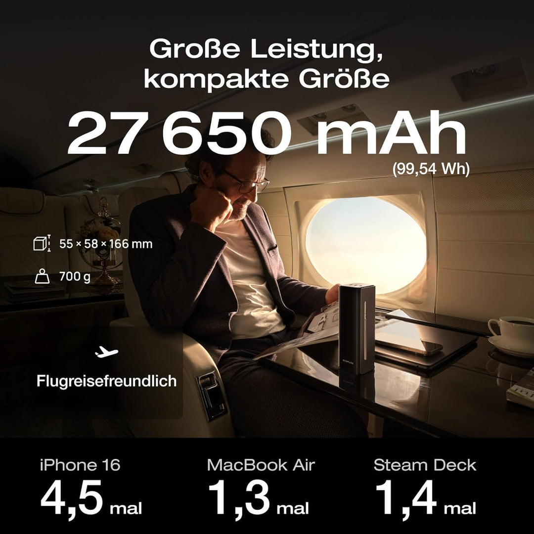 EcoFlow Powerbank 27650mAh 300W Max. Ausgang mit 140W Kabel, 140W Laptop Power Bank 4 USB C Tragbare