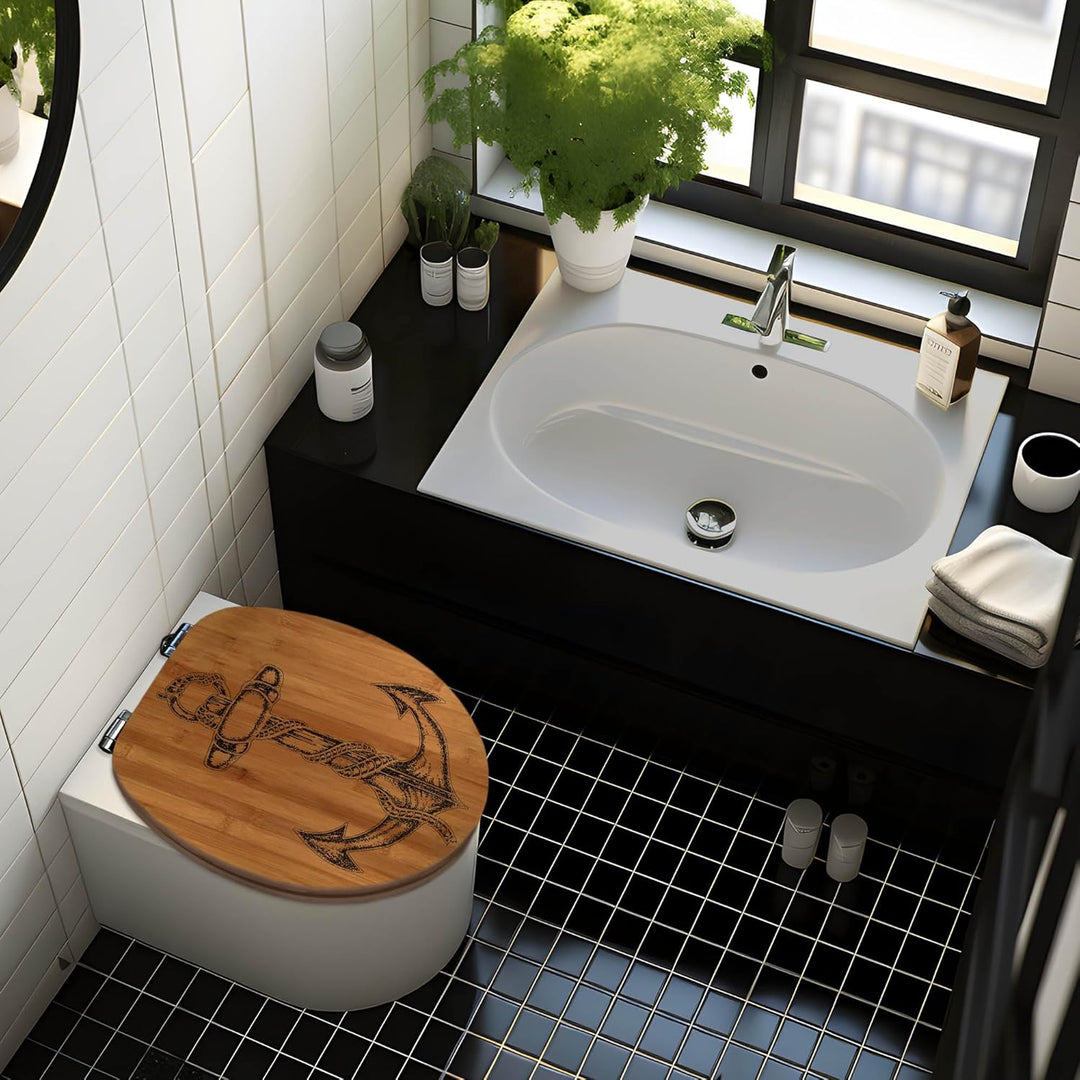 banjado® Hochwertig gravierter Design WC Sitz Bambus Absenkautomatik Anker/Toilettendeckel mit Absen