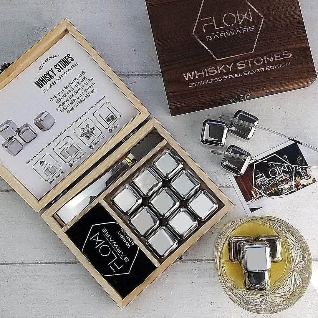 FLOW Barware Whisky-Steine, Geschenk-Set mit Eiszange und Aufbewahrungstasche, Wiederverwendbare Eis