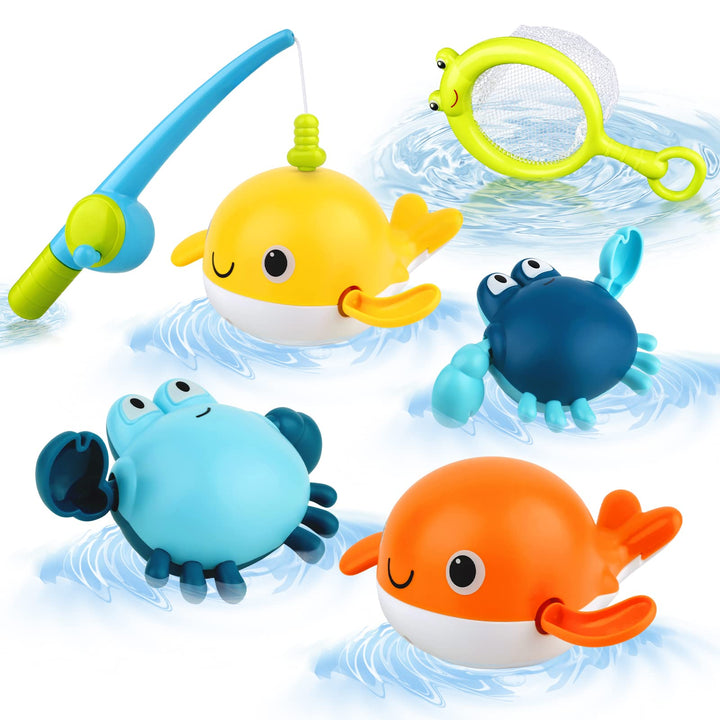 Badespielzeug, Angelspiel mit 4 Stück aufziehbarem Badespielzeug, Fischernetz, schwimmendes Pool-Bad