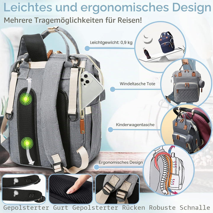 Diaper Bag Backpack Baby Bag, Baby Girl Boy Diaper Bag for Dad Mom with Pad, 16 Pockets Grau, Grau