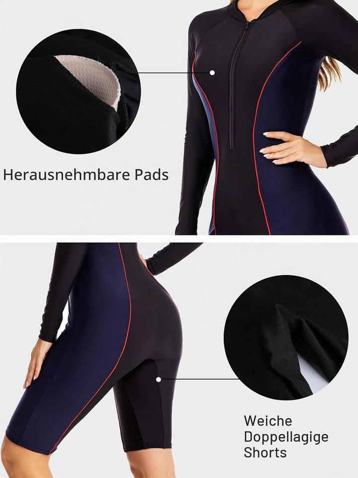 Ecupper Damen Badeanzug Einteiler Rash Guard Zip Up Lange Ärmel Surfen Bademode Gebaut in BH Badeanz