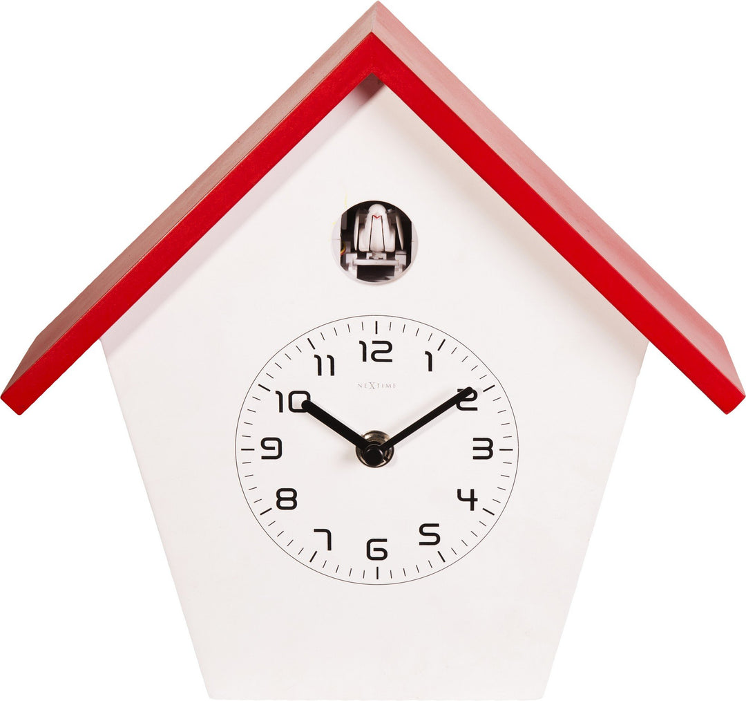 NeXtime Birdy Kuckucksuhr, Wanduhr, Küchenuhr, Uhr, Bürouhr, Wohnzimmeruhr, Deko, Holz, Weiss, Rot,