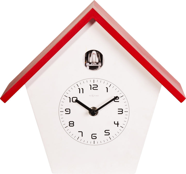 NeXtime Birdy Kuckucksuhr, Wanduhr, Küchenuhr, Uhr, Bürouhr, Wohnzimmeruhr, Deko, Holz, Weiss, Rot,