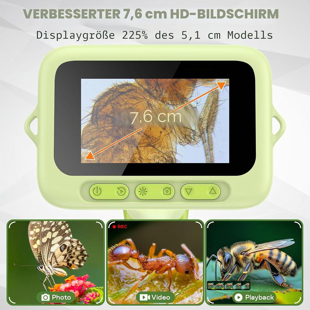 Digitales Mikroskop für Kinder, Mini-Handheld-Miniskop: 1000 x 3 Bildschirme, wiederaufladbar, Mini-