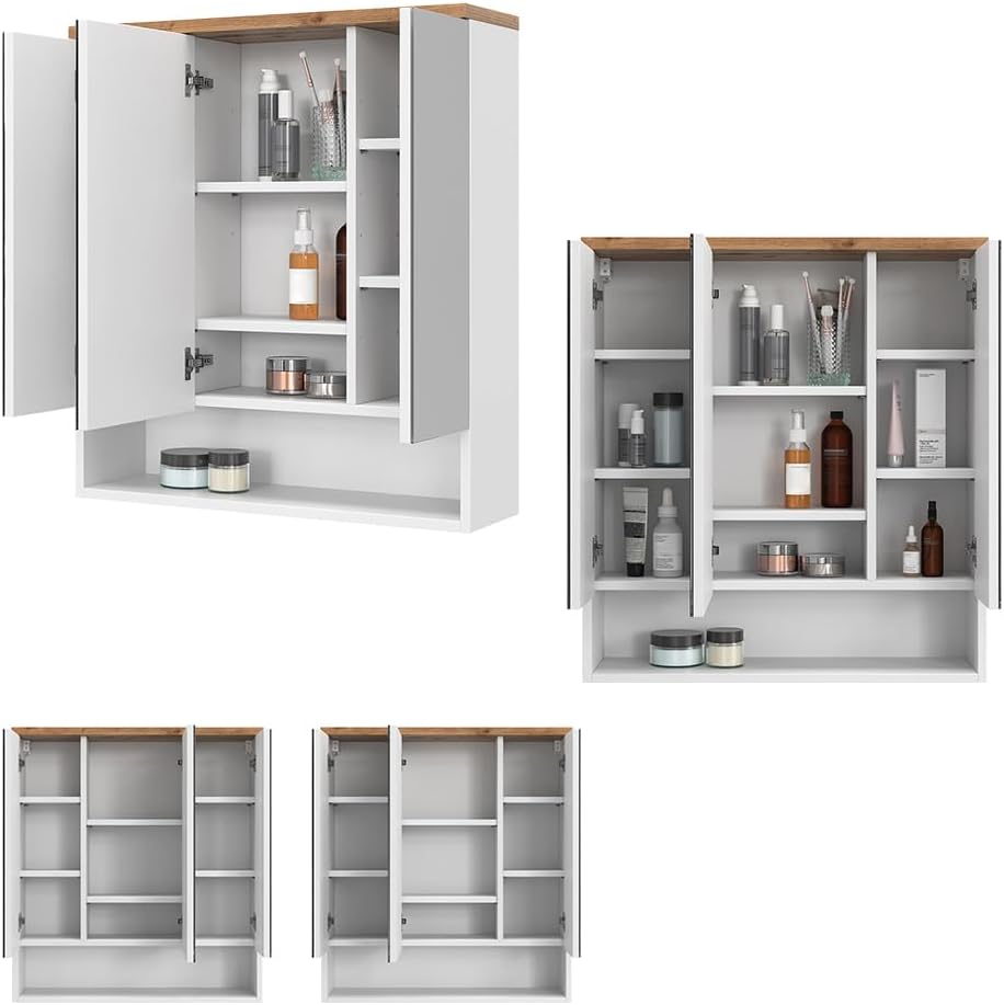 Vicco Bad Spiegelschrank Eden, Weiss Hochglanz/Artisan-Eiche, 70 x 77.5 cm mit 3 Türen Weiss Hochgla