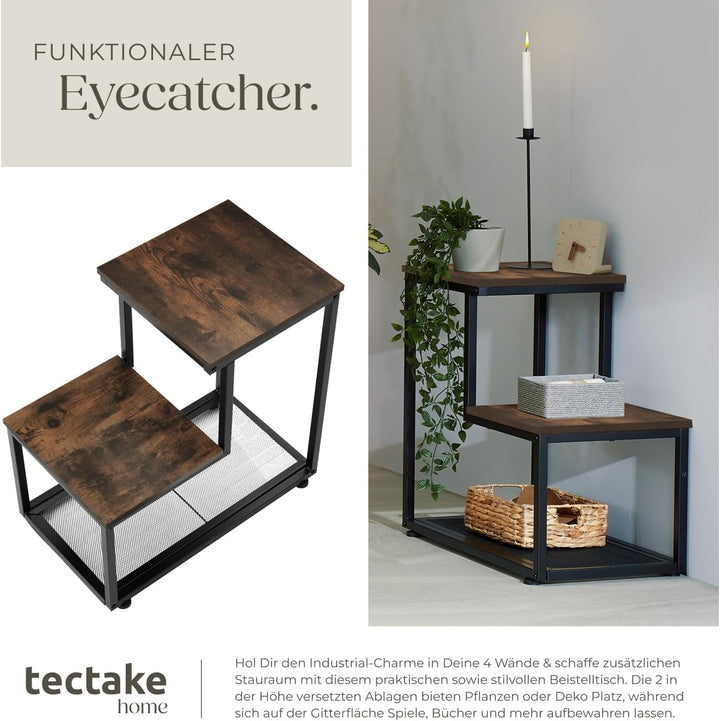 tectake Beistelltisch aus Holz und Metall, Industrial Design, Couchtisch mit 3 Ebenen, Gitterablage