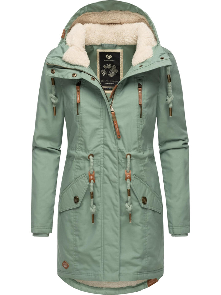 Ragwear Damen Mantel Lange warme Winterjacke mit Teddyfell-Kapuze Elsie Intl XS-5XL S Dusty Green24,