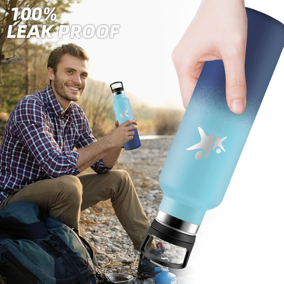 Trinkflasche Edelstahl, Sport Trinkflasche 1 liter, Thermosflasche Mit 2 Deckeln, Doppelwandige Vaku