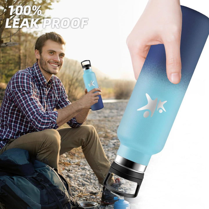Trinkflasche Edelstahl, Sport Trinkflasche 1 liter, Thermosflasche Mit 2 Deckeln, Doppelwandige Vaku
