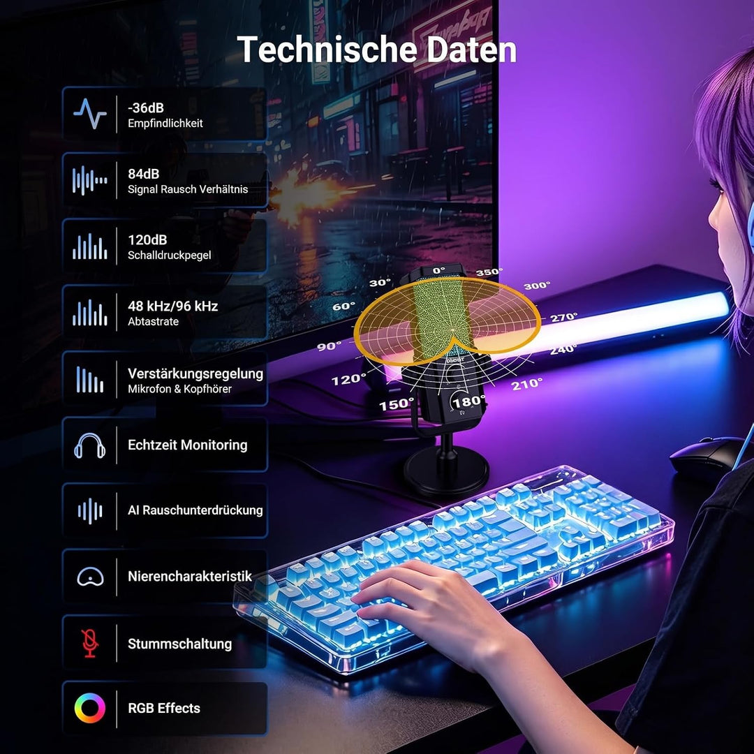 NEEWER UM01 USB Mikrofon mit AI Rauschunterdrückung, Plug &amp; Play Kondensatormikrofon mit Nierenchara