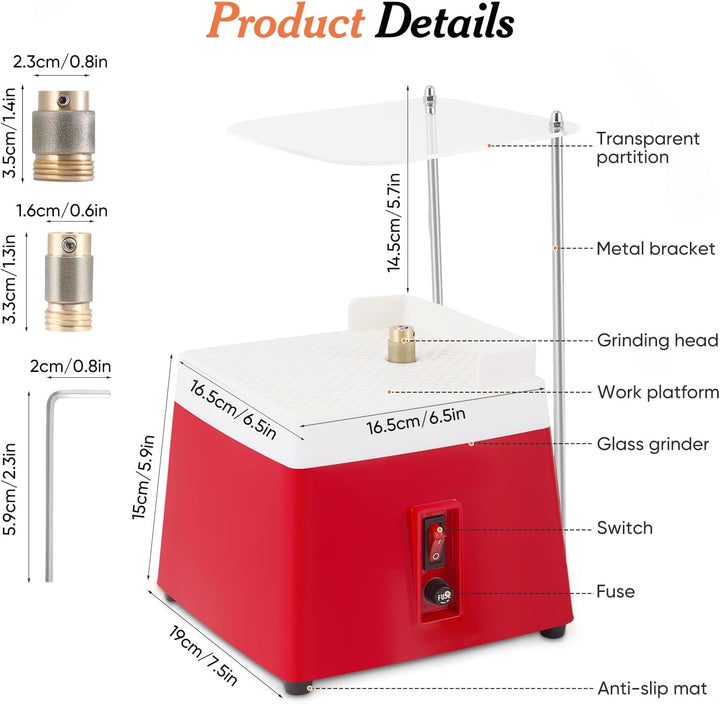 Glasschleifer 65W, Automatische Glasschleifmaschine mit 2 Diamantschleiferbits (5/8" & 1"), Acryl-Sp