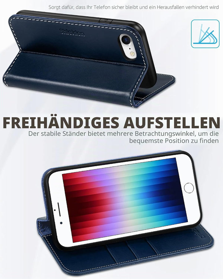 SHIELDON Hülle für iPhone SE 2022 5G /iPhone 8 Handyhülle [Erstklassig Rindsleder] [Kartenfach] [Sta