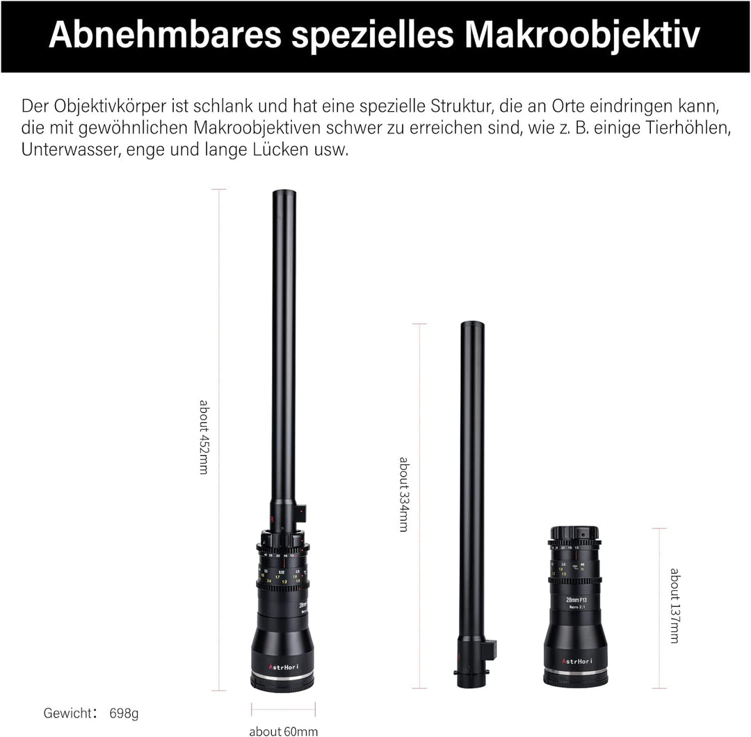 AstrHori 28 mm F13 2X Makrosondenobjektiv Vollformat Spezialobjektiv Eingebautes Ringlicht für spieg