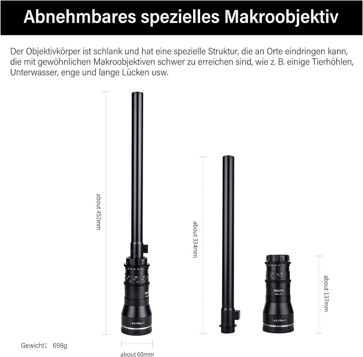 AstrHori 28 mm F13 2X Makrosondenobjektiv Vollformat Spezialobjektiv Eingebautes Ringlicht für spieg