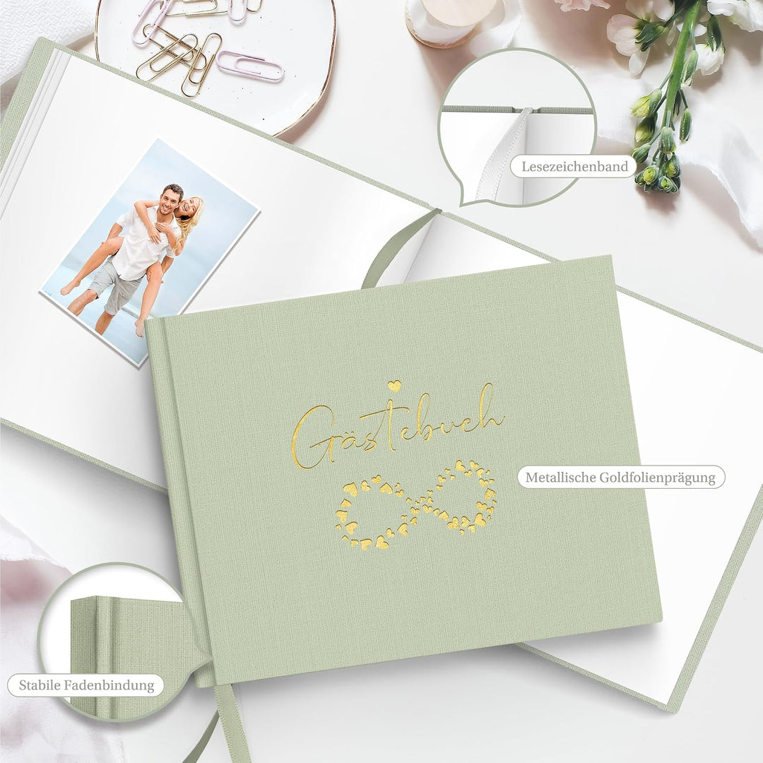 Hyggartn Gästebuch Grün mit Goldprägung, 100 Seiten Blanko – Edles Erinnerungsbuch für Hochzeit, Geb