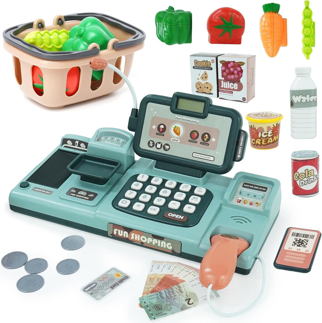 Kinder Kasse Spielzeug Supermarkt Registrierkasse mit Scanner, Sound, Essen, Kreditkarten-Geschenk,
