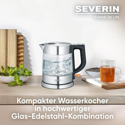 SEVERIN Automatik-Toaster, 2 Röstkammern, 850 W, AT 2514, Edelstahl/Schwarz & Glas Wasserkocher, lei