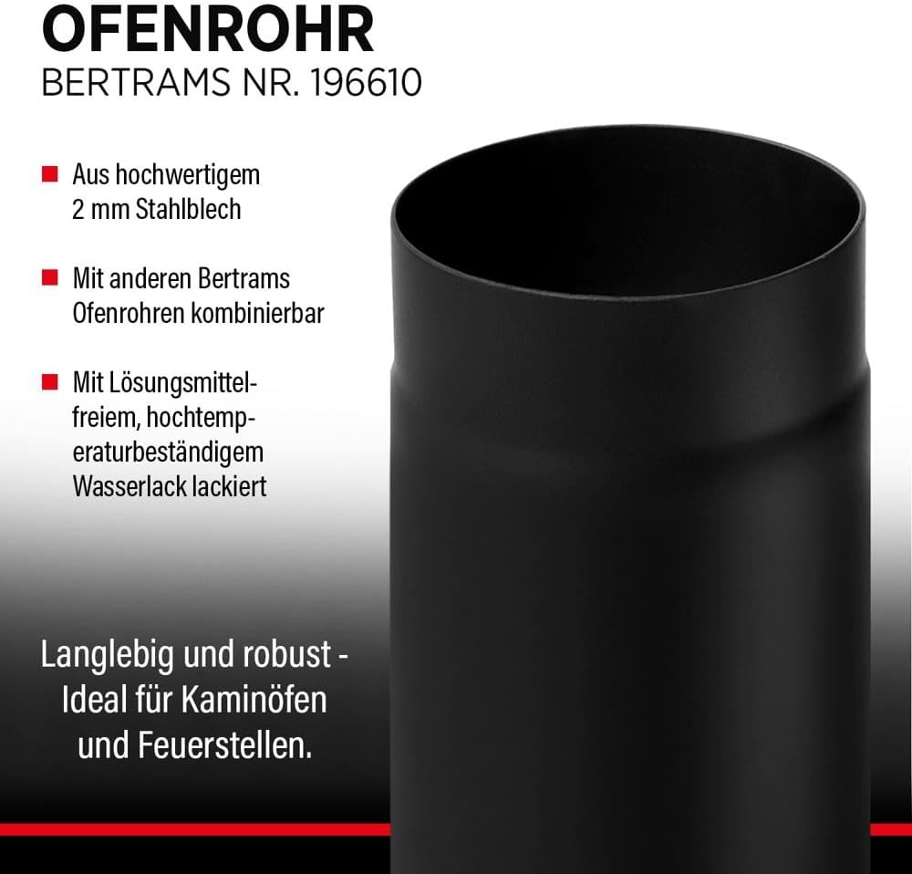 BERTRAMS Ofenrohr 120mm Ø 100 cm Schwarz | Stahlrohr mit 95cm Einbaulänge | Feuerrohr Stahlblech 2mm