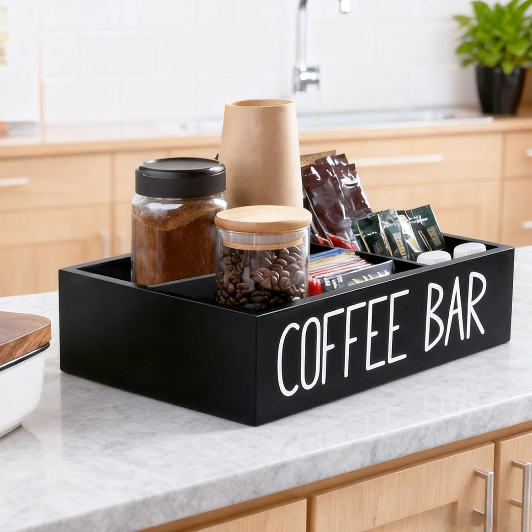 Kaffee Spender Organizer,Veranstalter mit 4 Abnehmbar Fächer,Dekorative Aufbewahrungsbox aus Holz fü