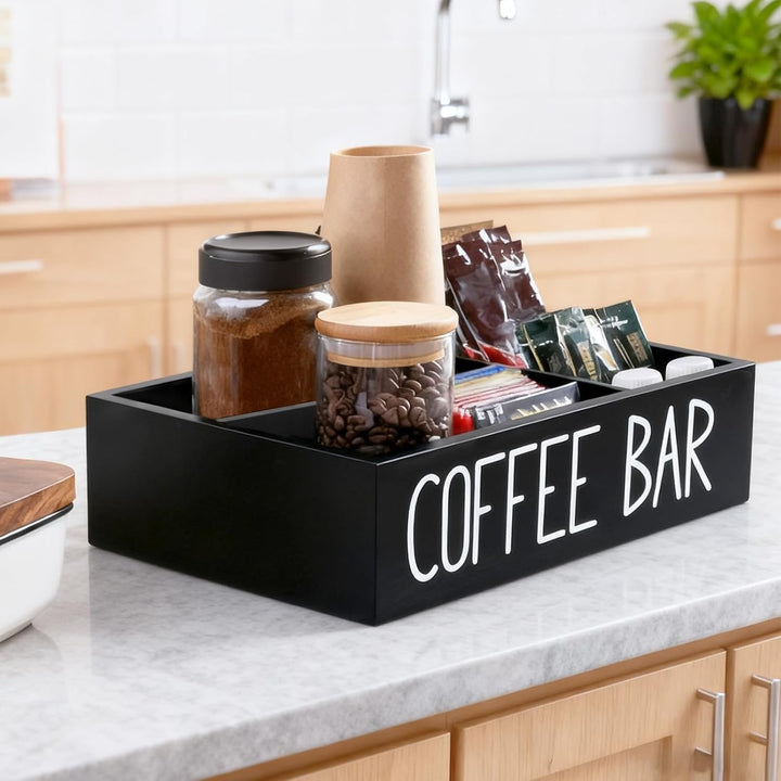 Kaffee Spender Organizer,Veranstalter mit 4 Abnehmbar Fächer,Dekorative Aufbewahrungsbox aus Holz fü
