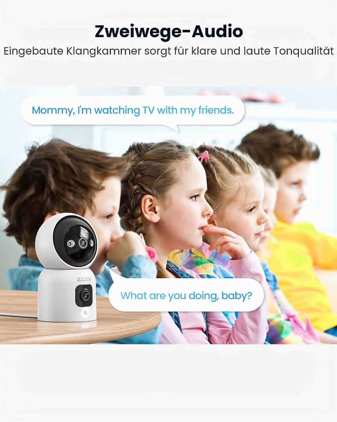 ZOSI Überwachungskamera Innen mit Dual-Objektiv 3MP+3MP, 2,4/5G WLAN, Taste/OK-Geste-Anruf, KI Perso