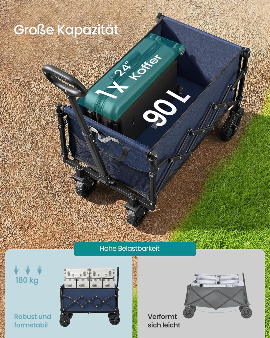 SONGMICS Kleiner Handwagen faltbar, Gartenwagen, kompakt, mit Griff, mit 4 verstärkten Rollen, Davon