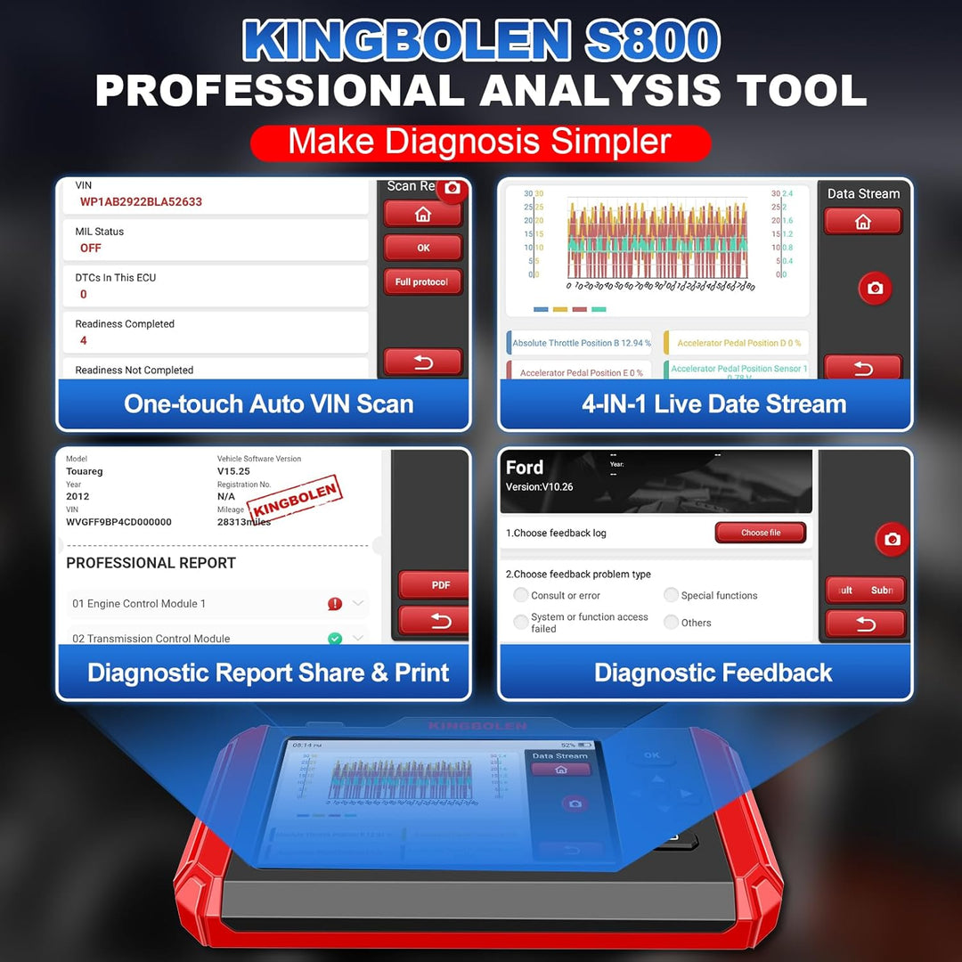 KINGBOLEN S800 OBD2 Diagnosegerät, KFZ-Codeleser Für 4 Systeme Motor/Getriebe/ABS/SRS Und 15 Zurücks