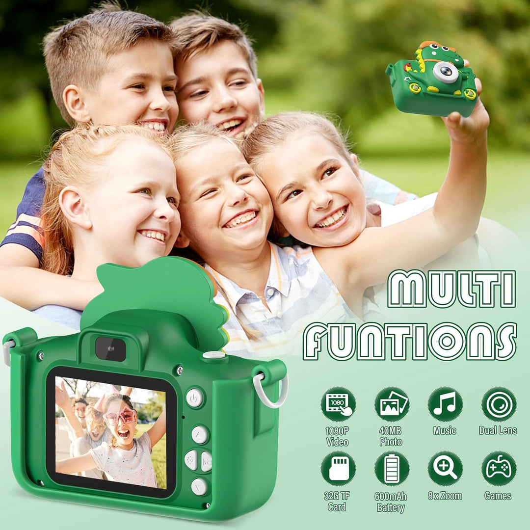 Kinderkamera Dinosaurier, Kinder Kamera 2" Display 1080P, Selfie Digitalkamera Kinder mit 32GB, Foto