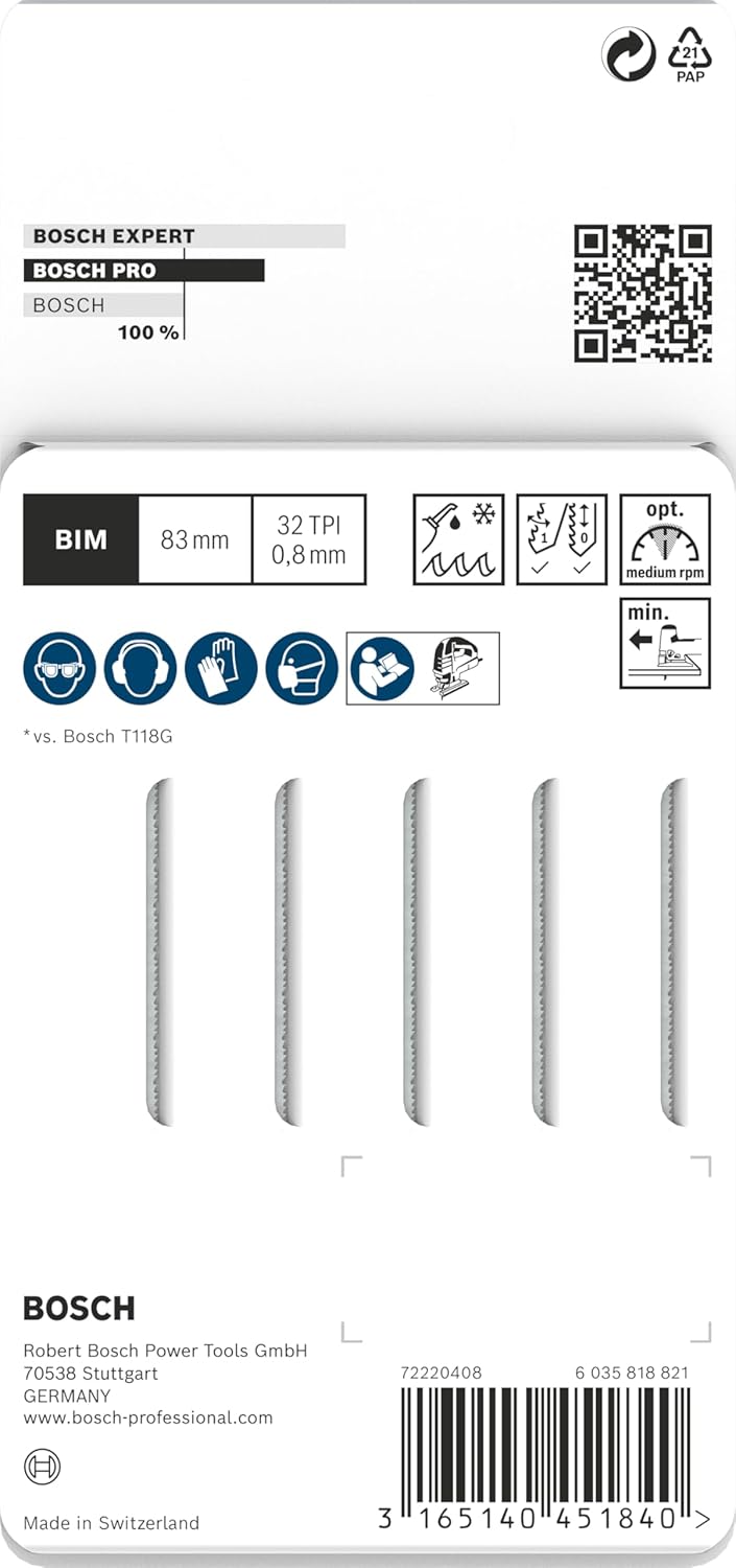 Bosch 5x Stichsägeblatt T 118 GFS Basic for Inox (für Edelstahlbleche, Professional Zubehör Stichsäg