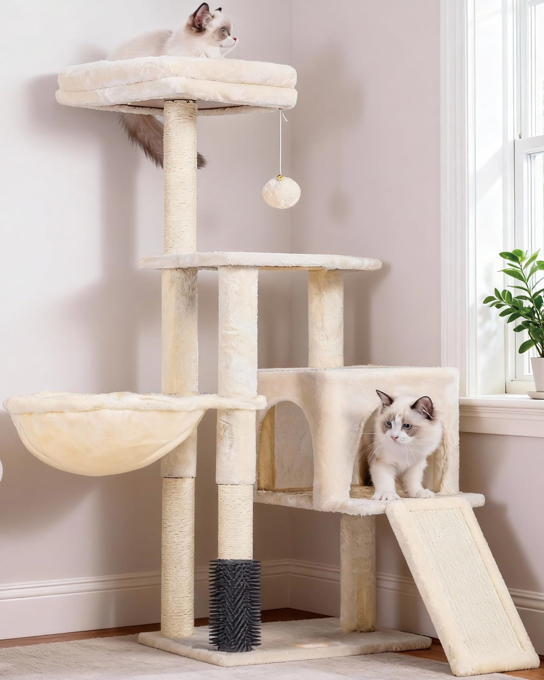 Heybly Kratzbaum mit Katzenbürste, Katzenbaum für Hauskatzen mit Gepolsterter Sitzstange aus Plüsch,