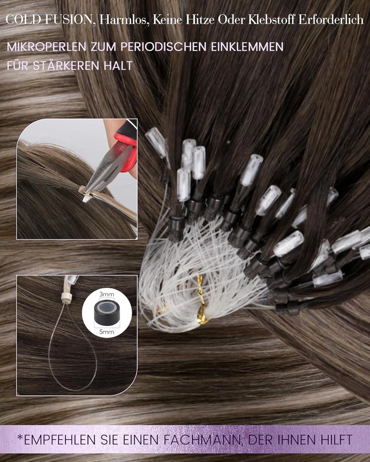 LaaVoo Microring Extensions Echthaar Braun 45cm Remy Haarverlängerung Microrings Echthaar Ombre Dunk
