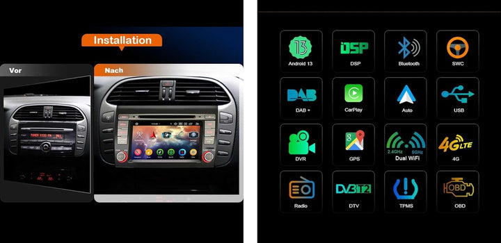 Erisin 8-Kern 4GB+64GB Android 14 Autoradio GPS Navi für FIAT BRAVO 7 Zoll DVD Player Touchscreen Un