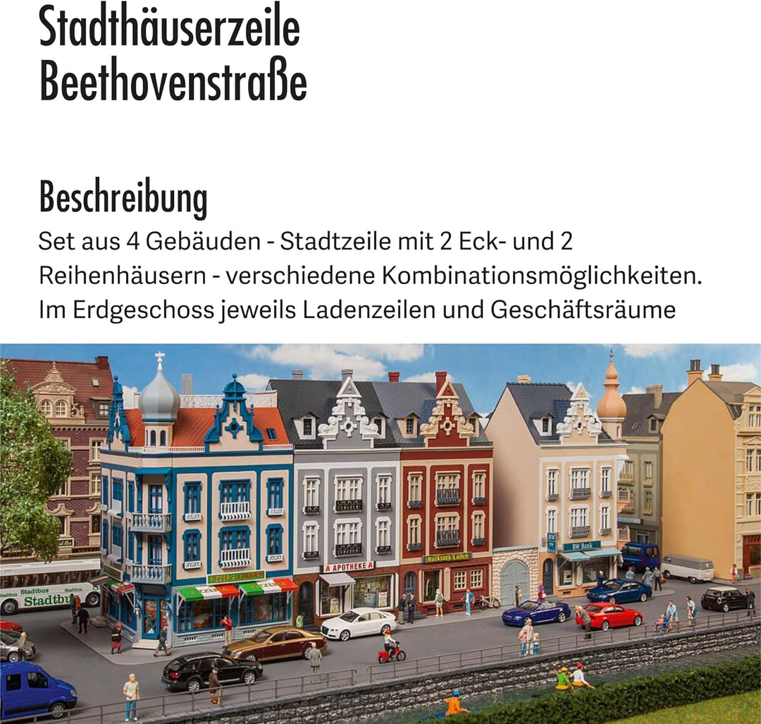 FALLER Stadthäuserzeile Beethovenstrasse Modellbausatz mit 1068 Einzelteilen 452 x 118 x 200 mm I Mo
