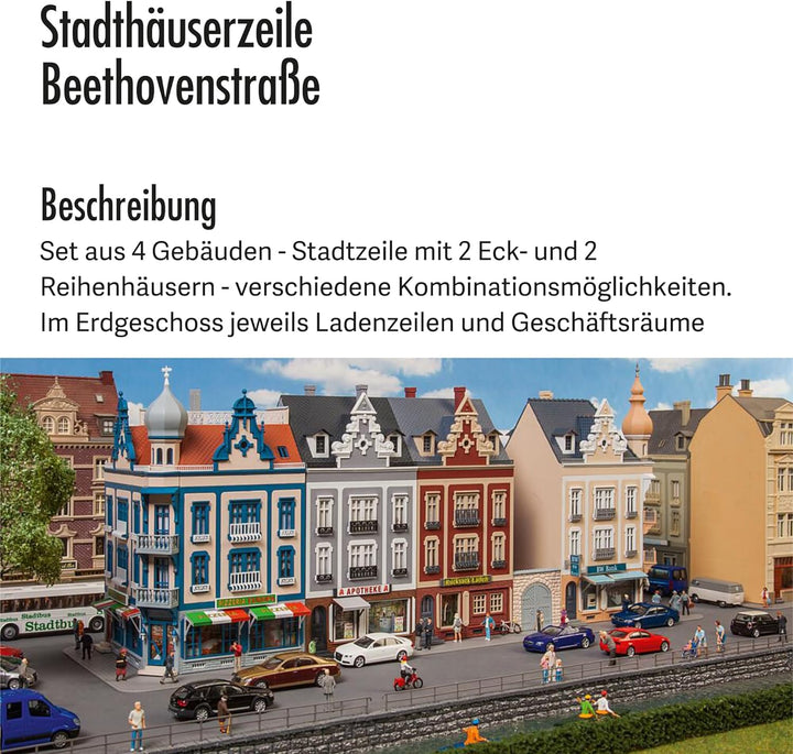 FALLER Stadthäuserzeile Beethovenstrasse Modellbausatz mit 1068 Einzelteilen 452 x 118 x 200 mm I Mo