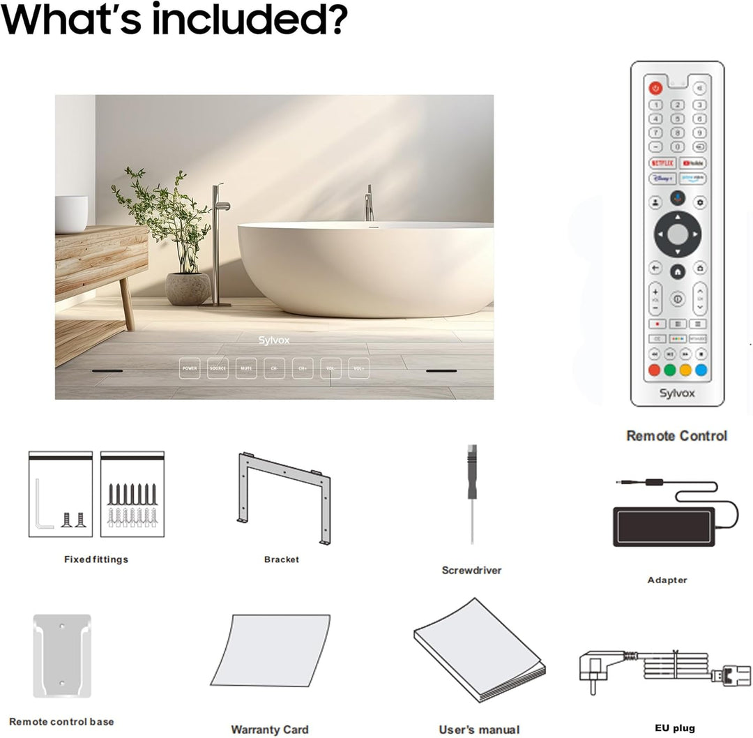 SYLVOX Spiegel Fernseher für Bad 24 Zoll, Wasserdichter IP66 Google TV 1080P | 60Hz| Hotspot & WiFi
