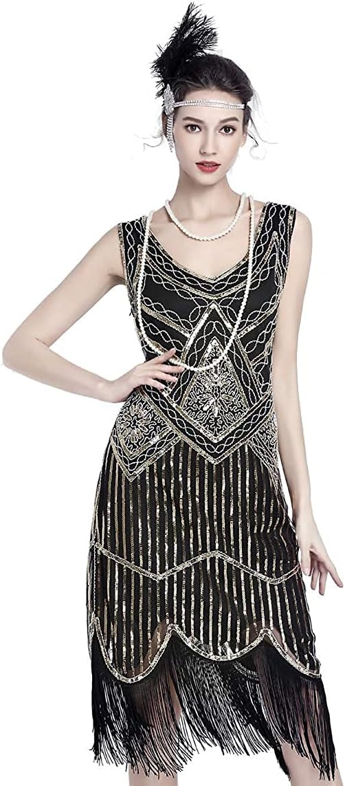 MIMIKRY 20er Jahre Charleston Pailletten Kleid Schwarz/Gold mit Fransen Flapper Damen-Kostüm XXL Sch