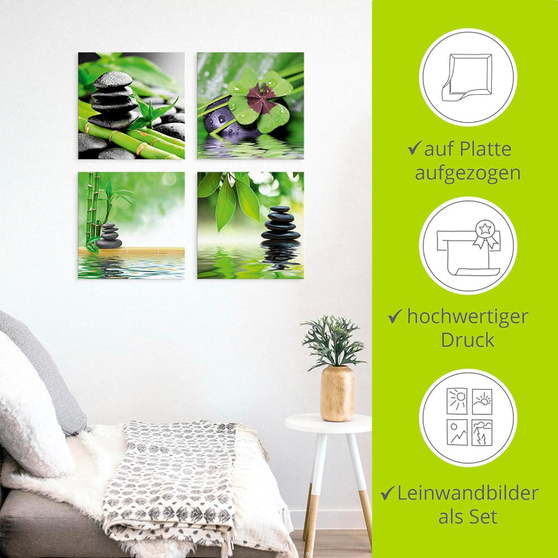 ARTLAND Leinwandbilder auf Holz Wandbild Bild Set 4 teilig je 30x30 cm Quadratisch Wellness Zen Stei