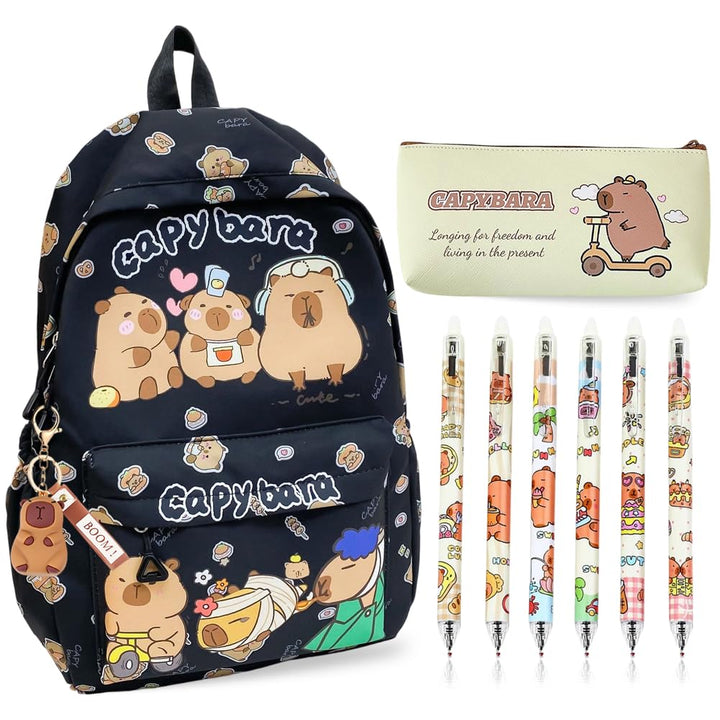 Capybara Rucksack Set - Schulrucksack Grosse Kapazität mit Capybara Federmäppchen, Stiften & Schlüss