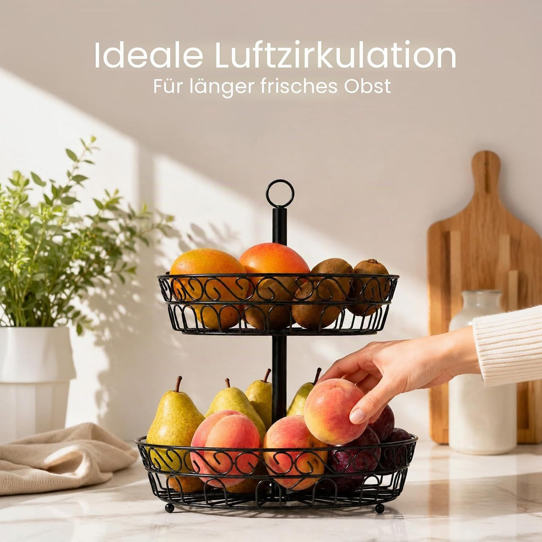 Obst Etagere 2 Etagen – 24x40cm Obstschale aus Metall, Moderner Obstkorb für länger frisches Obst, S