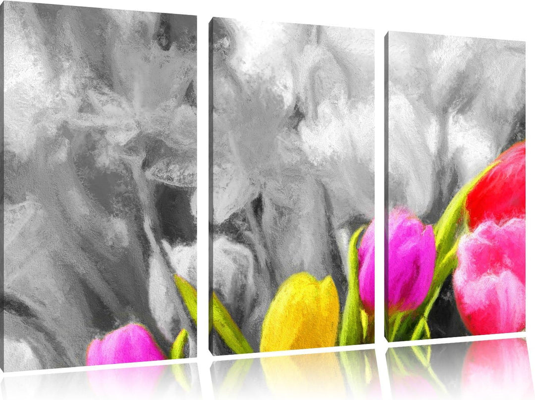 bunte Tulpen3-Teiler Leinwandbild 120x80 Bild auf Leinwand, XXL riesige Bilder fertig gerahmt mit Ke