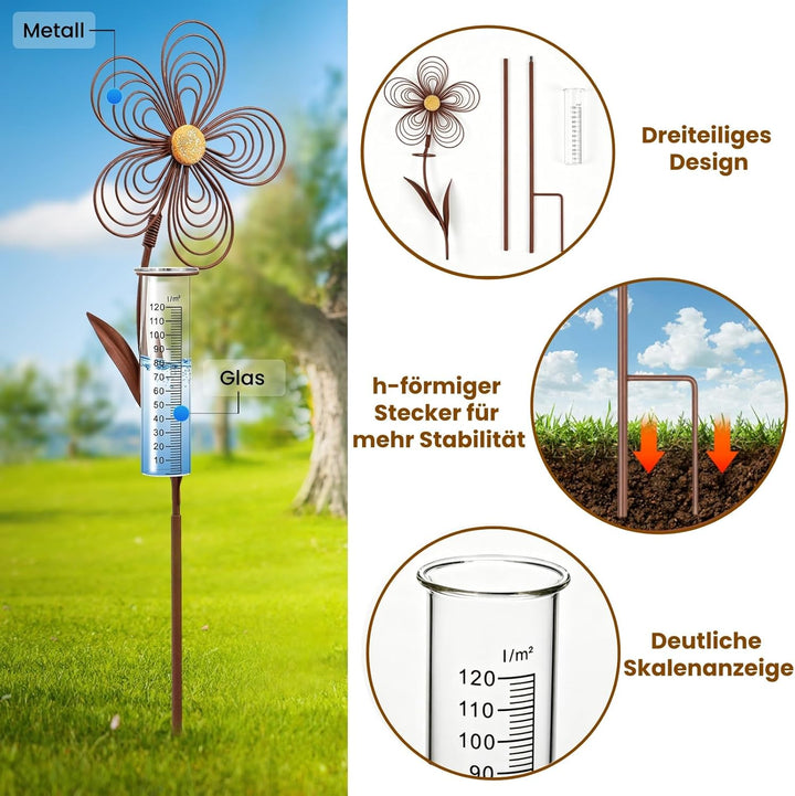 Regenmesser für Garten 115 cm, Frostsicher Niederschlagsmesser in Rostoptik zur Messung der Regenmen