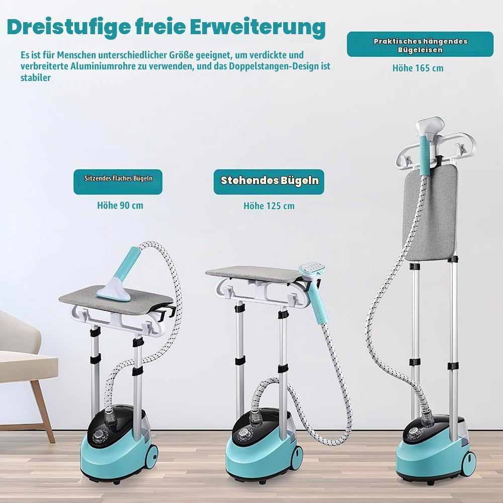 2-in-1 Dampfbügelstation &amp; Dampfglätter, 2000W Profi Kleiderdampfer mit 1,5L Wassertank, 11 Dampfstu