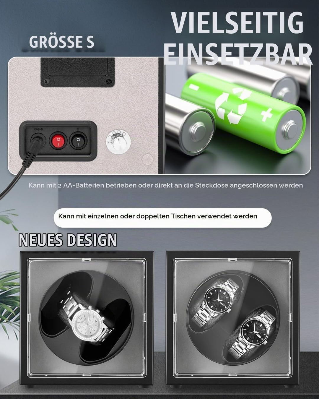 Mxmoonant Automatische Uhrenbeweger für 2 Uhren, 5 Rotationsmodi mit leisem Motor, AC-Adapter &amp; Batt