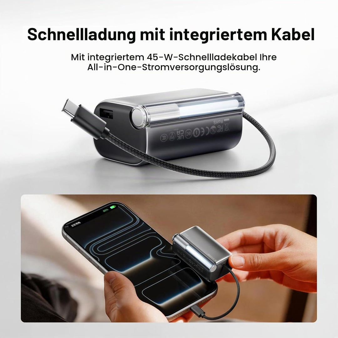 SHARGE 10000mAh Powerbank 45W mit USB C Kable integriert, Powerbank klein P3-BL, P3-BL