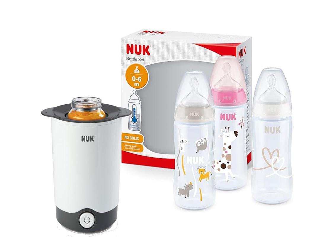 NUK Thermo Express Plus Flaschenwärmer + First Choice+ Flaschen Set (Rosa/Weiss, 3 Stück) – Erwärmt