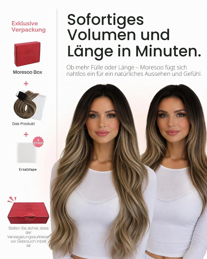 Moresoo Tape in Extensions Echthaar Dunkelbraun Invisible Tape Extensions Haarverlängerung Echthaar
