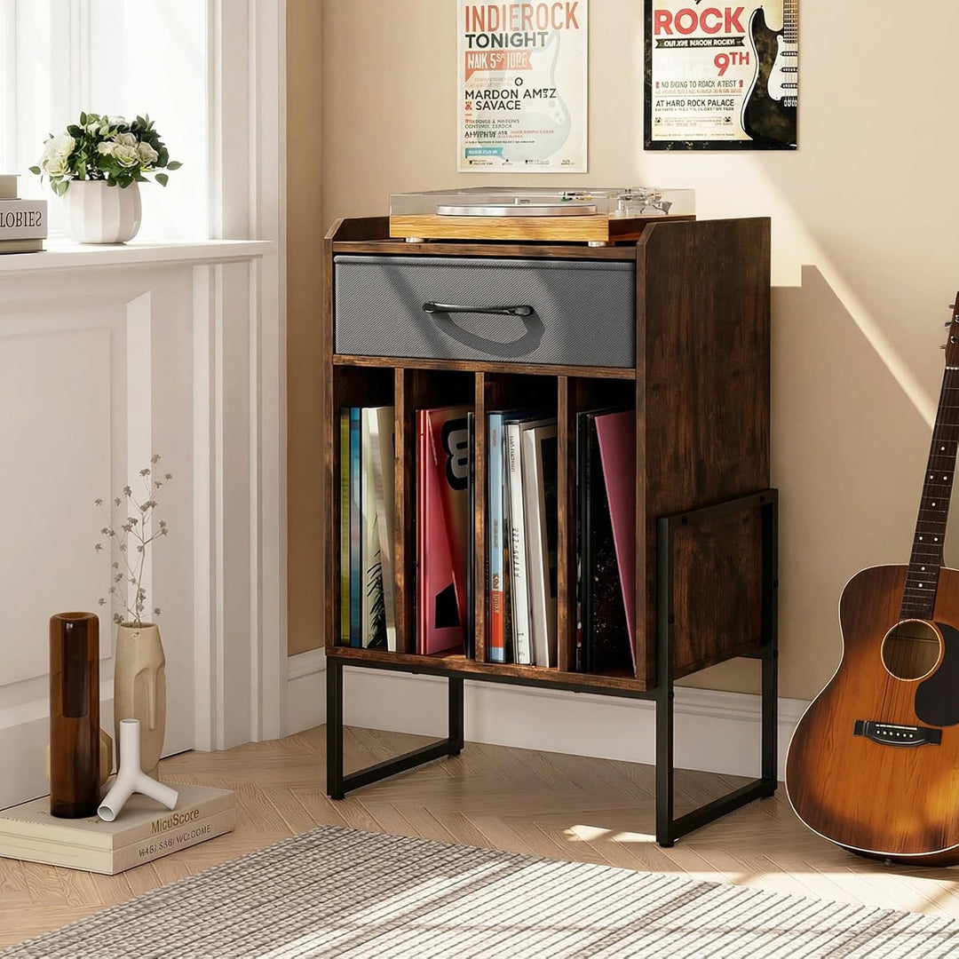 COSTWAY Plattenspieler Ständer, Schallplatten Regal mit Faltbarer Stoffschublade &amp; 4 Fächern bis zu